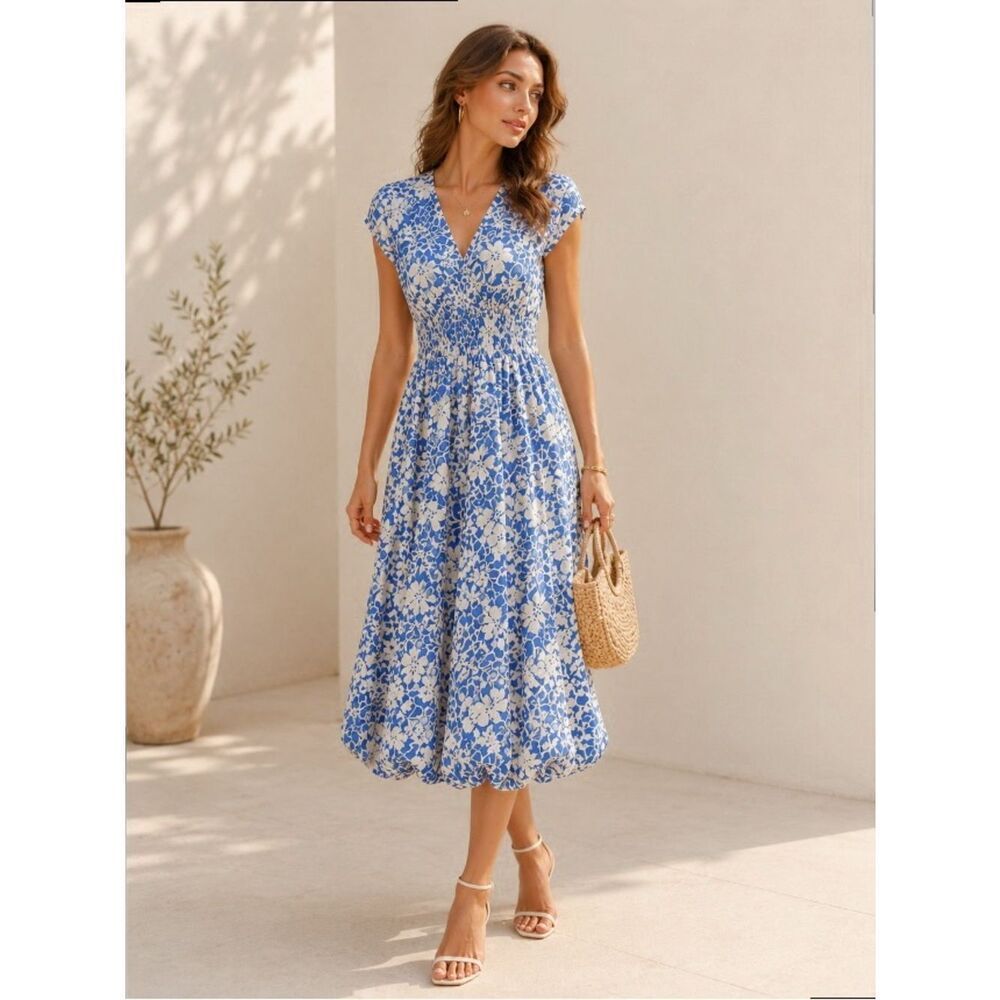 Current Air Blue White Floral Balloon Hem Midi Dress Smocked Waist Pockets Sz M